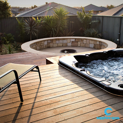 Spa pool sits perfectly next to this fire pit, installed by Dan & the team @ mySpaSYDNEY