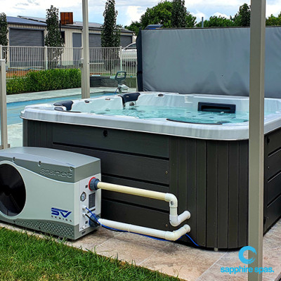 Silverwhite spa pool in a premium coastal grey cabinet is perfectly positioned to watch the kids in the swimming pool thanks to the team @ Country Rubber & Foam Tamworth
