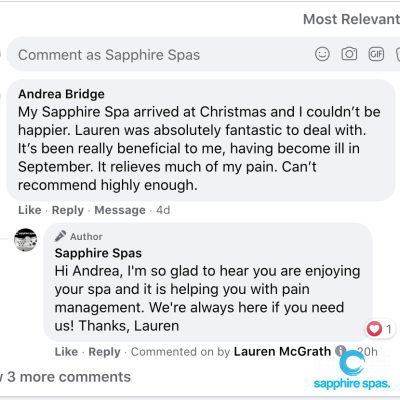 My Sapphire Spa arrived at Christmas and it’s been really beneficial to me having become ill in September; it relieves much of my pain