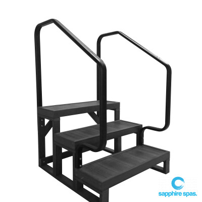 3 TIER SWIM SPA STEPS with hand rails / powder coated aluminium rails / solid synthetic timber step treads / 780mm W x 540mmH x 810mm D