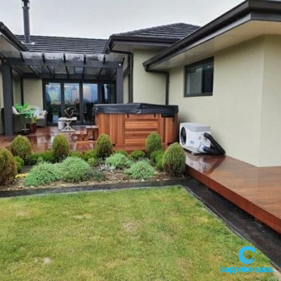 cedar cabinet with heat pump installation : thanks to the team at Paramount Pools ChCh