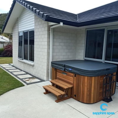 cedar spa pool close to the house for everyday use thanks to the team @ Paramount Pools Tauranga NZ