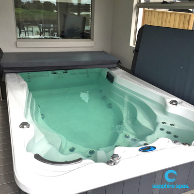 mySwimgym swim spa installed into a deck for easy access ACRYLIC silverwhite CABINET grey duratek